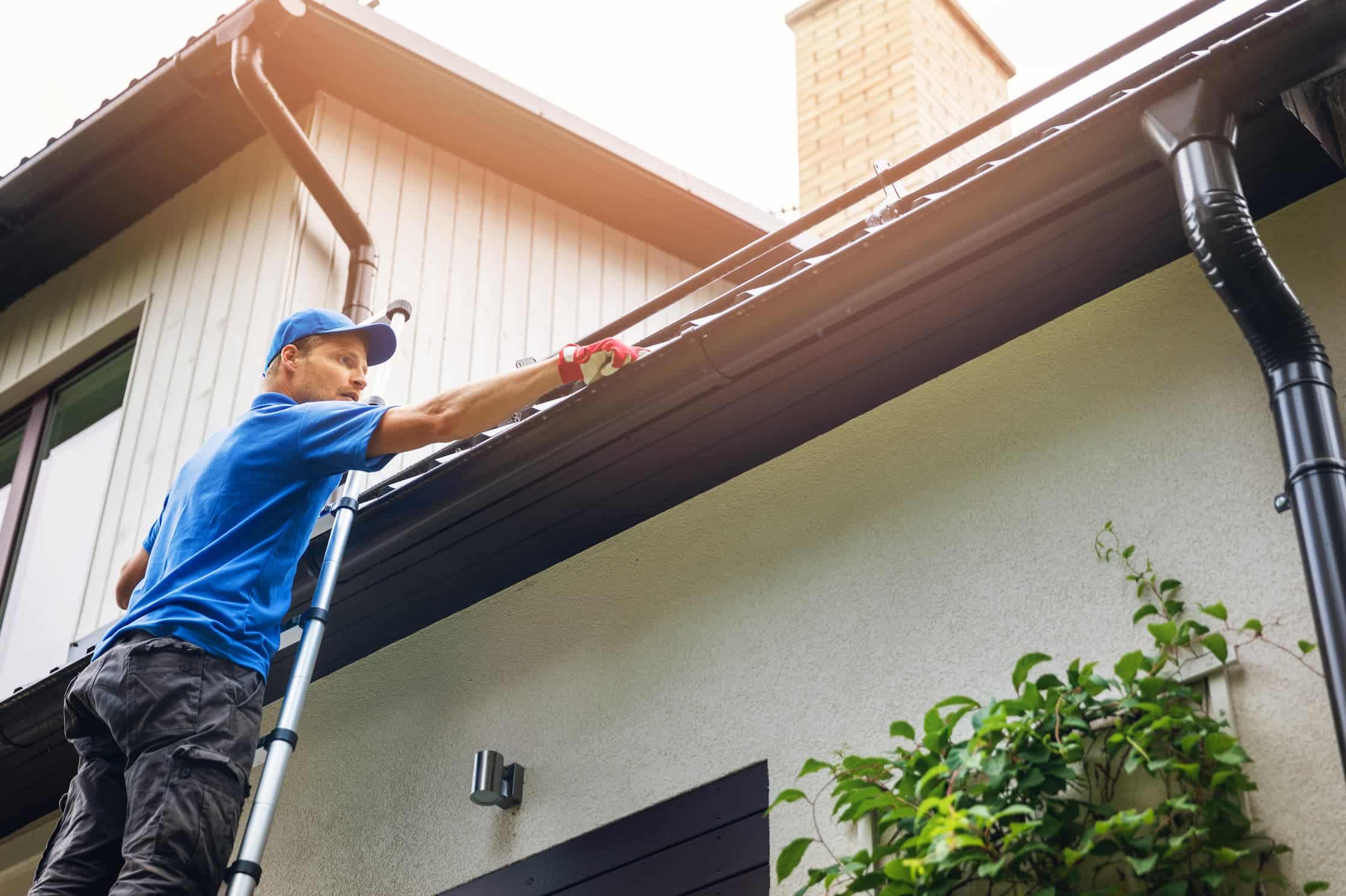 Gutter being cleared of fall leaves on a Reno home