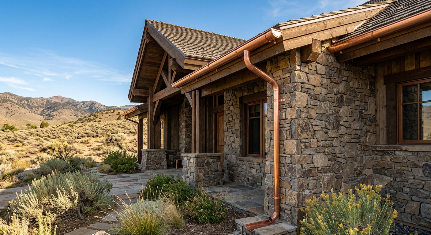 Seamless copper half-round gutters and a round downspout on a stone mountain home near Reno