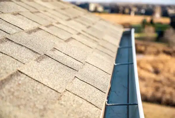 Close-up of shingled roof and gutter.