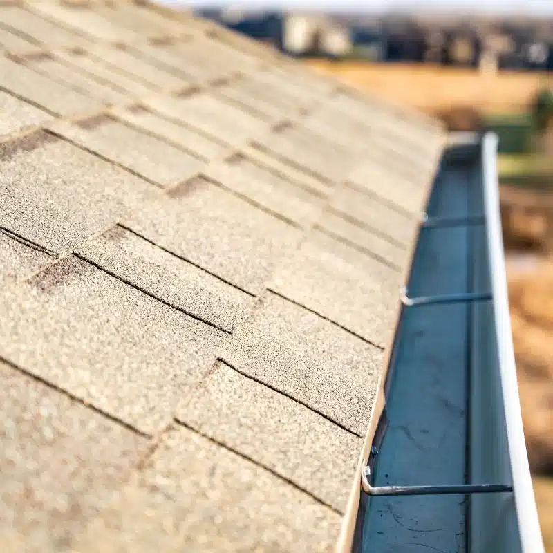 Close-up of shingled roof and gutter.